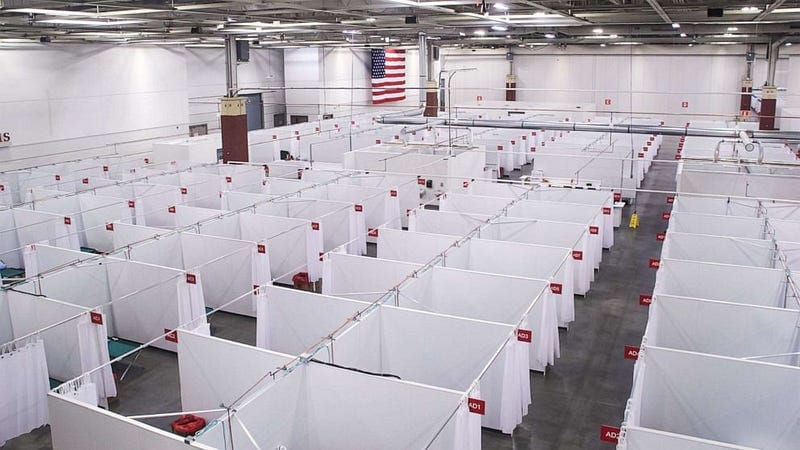 An overhead view of a field hospital set up at the state fair ground near Milwaukee, Wisconsin on October 12, 2020